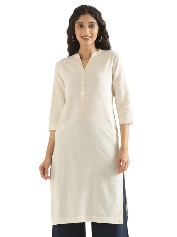 Image of SAADAA Women's Linen Straight Fit Straight Long Kurta Airy Plain Kurta, 3 /4 Sleeve, Knee Length Kurtis with Pockets, Casual and Office Wear