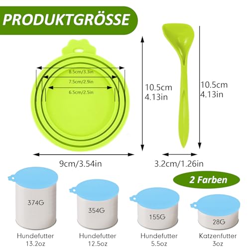 Diffaxy 2 Stück Deckel für Dosen mit 2 Löffel, Universalgröße Tierfutter-Dosendeckel, Silikondeckel für Hundefutter und Katzenfutter, passend für 3 Dosendeckel in Standardgröße – Blau, Grün