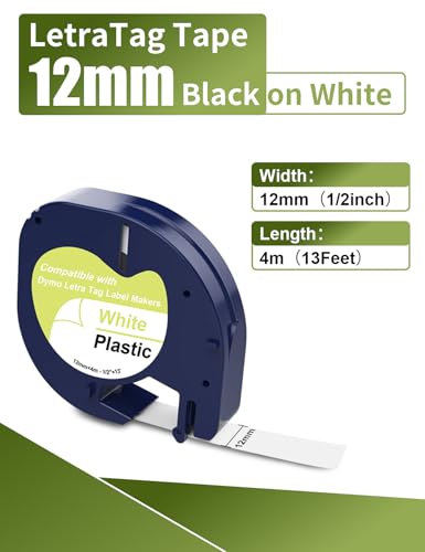 3 x Veson Kompatibel Etiketten für Dymo LetraTag 12mm x 4m Schriftband Plastic White für LT-100H LT-100T 200B XR XM, Schwarz auf Weiß 91221