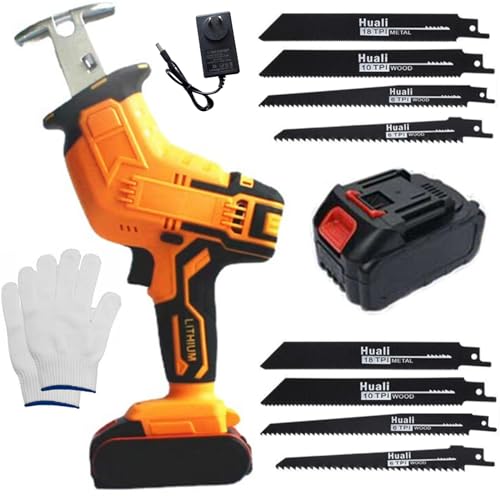 EHOME Electric Reciprocating Wireless Saw Multi saw Sabre Saw Woodworking Cutting kit Fit for 18v Battery (with 8 Metal Blades 1 Battery Yellow)