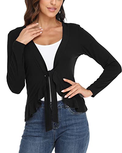 andy & natalie Women's Ruffled Tie Front Cardigan Long Sleeve Open Front Bolero Shrugs4