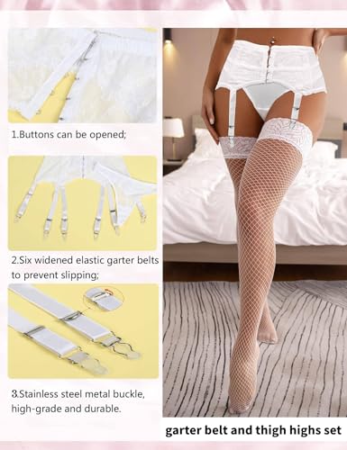 Image of ohyeah Garter Belt and Thigh Highs Set with Thong Women Garter Lingerie Set | White Garter Stockings,High Waist Floral Lace Suspender with 6 Adjustable Metal Clips, Night Club Bedroom,Plus Size Friendly