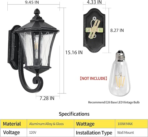 Outdoor Wall Lights, 15"H Black Waterproof Aluminum Exterior Lighting Fixtures for Porch, Yard, Garage, Patio, Entryway, Clear Glass, E26 Base, Hardwired Outside House Wall Mount Lantern Sconce