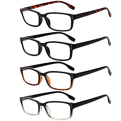 Kerecsen 4 Pack Reading Glasses for Men and Women with Spring Hinges, Lightweight Black Rectangular Readers Eyeglasses (Multicolor, 0.75)