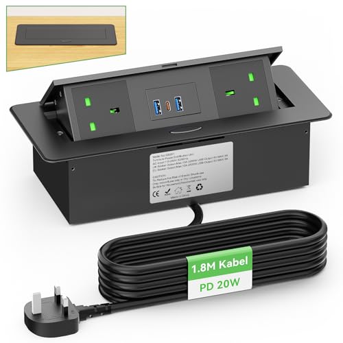 HANNELORE Desk Power Socket with USB-C PD20W, 2 UK Plugs, Recessed Aluminium Power Strip with Pop-Up Sockets, 1.8m Cable