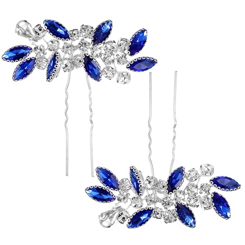 HJZHII Crystal Bridal Hair Pins, 2 Pcs Blue Rhinestone Wedding