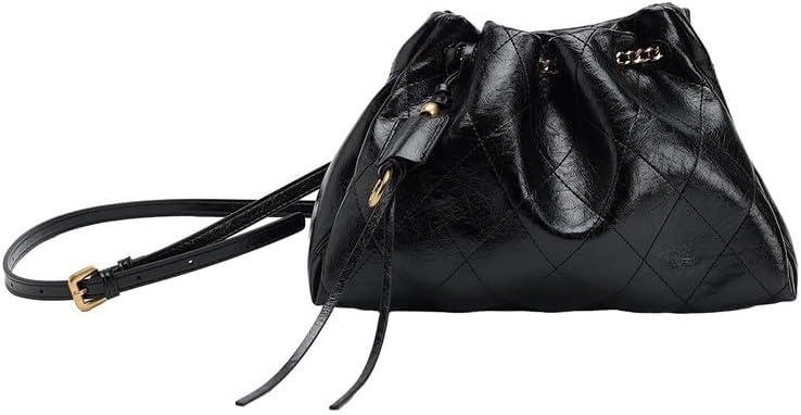 URBAN REVIVO Women‘s Quilted Leather Crossbody Bag， Drawstring Bucket Handbag Purse for Travel， Daily & Shopping