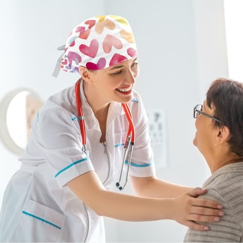 Image of Women's Working Caps Bouffant Surgical Cap with Bow Scrunchies Little Daisy Art Paint Ponytail Holder Tie Back Scrub Hat
