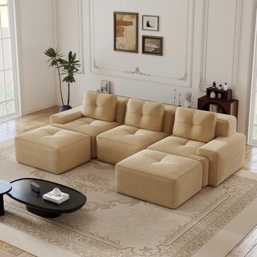 Image of 117 inch U-Shaped 3-Seater Modular Boneless Couch with 2 Ottomans, Cozy Corduroy Upholstery, Deep Seat Cloud sectional Sofa, No Assembly Anti-Slip Stable Design, Camel