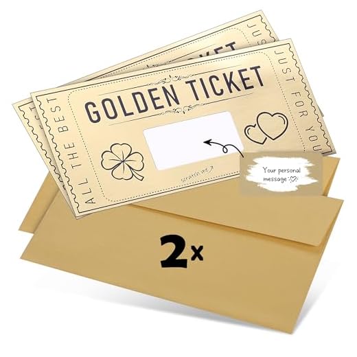 DasWas 2x Tarjeta Regalo Rasca y Gana - Golden Ticket - Tarjetas personalizadas para Rellenar con Adhesivo Rasca y Gana - Regalo Personalizado en un Sobre Brillante + Herramienta de Rascado