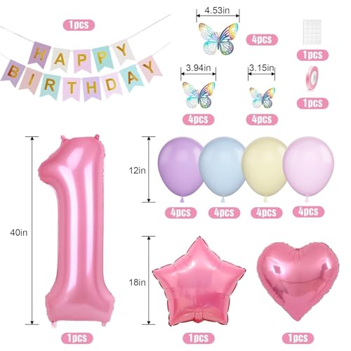 1st Birthday Decoration for Girls, Pastel Macaron 1st Birthday Balloon, Pink Number 1 Balloon with Butterfly Stickers, Star Heart Foil Balloons Banner Set for Baby 1 Year Old Party Decor