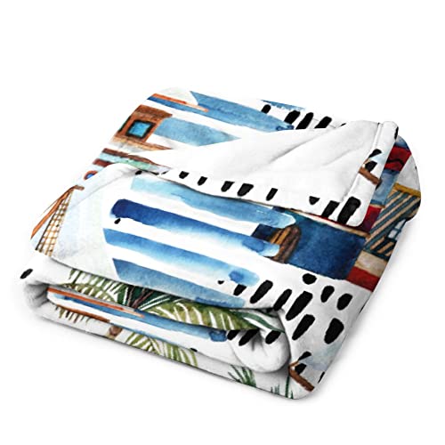 Cubyter Anchor Rudder Lighthouse Sailboat Palm Tree Leaves Throw Blanket Ocean Nautical Watercolor Marine Style Throw Blanket Cozy Fuzzy Fleece Blanket For Sofa Bed Couch #TOP5