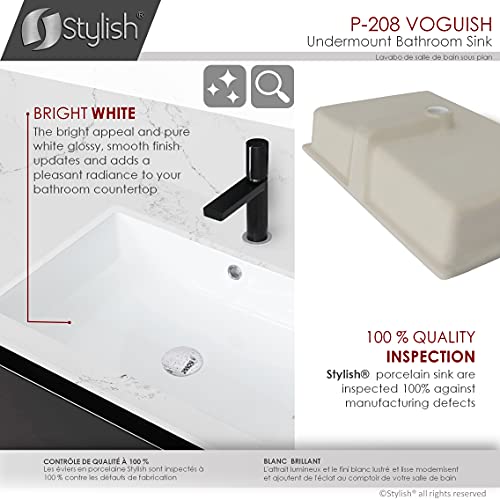 Stylish 24 1/2 Inch Ceramic Rectangular Undermount Bathroom Sink With Enamel Glaze Finish, Smooth & Stain Resistant Surface, Polished Chrome And Matte Black Overflow, P-208 #TOP3