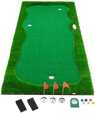 Golf Putting Green, Golf Training Mat Turf, 3 Holes, 3 Flags and Cups for Indoor Outdoor，Green