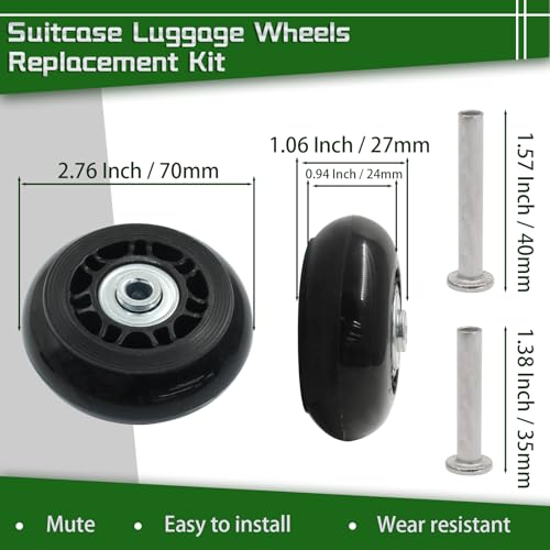 Luggage Wheels Replacement Set of 2, 70mm x 24mm, Black, Metal, Silent & Smooth Operation, Easy Installation, Long-Lasting4