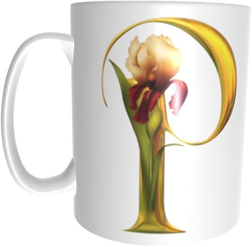 Pandok White Ceramic Mug - Alphabet Mug Flower Design - P