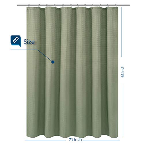Image of Short Waffle Weave Fabric Shower Curtain 66 inch Long, Hotel Collection, 230 GSM Heavy Duty, Water Repellent, Machine Washable, Sage Green Pique Pattern Decorative Bathroom Curtain, 71x66