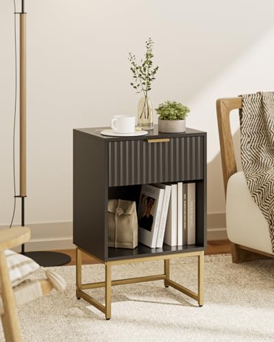 Image of Masupu Fluted Nightstand,Modern Night Stand Wood Bedside Table with Storage Drawer Side End Table for Bedroom,Office,Black