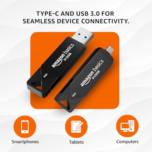 Image of Amazon Basics 512GB Dual Flash Drive | Ultra-Fast 400+ Mbps Read /Write Speed | Type C and USB 3.0 Compatibility (Metal)