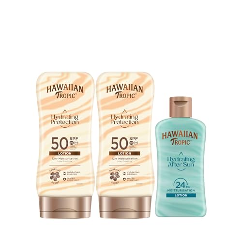 Hawaiian Tropic Hydrating Protection SPF 50 - Loción Solar Protectora con Cintas de Seda Hidratantes, Crema, 180 ml (Paquete de 2) + Loción After Sun Hydrating Protection Formato Viaje 60 ml
