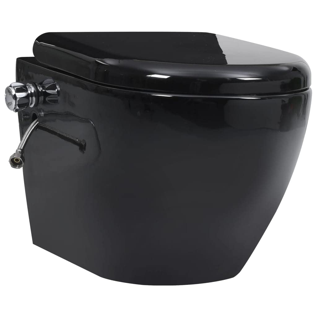 Inodoro suspendido sin borde con tanque oculto negro cerámica, doble caza 3/6L, cierre suave, boquilla bidé integrada, superficie fácil de limpiar, aislamiento acústico,