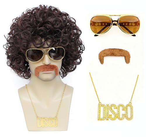 Image of Mens Short Afro Wig,70s Outfits for Men,70s Wigs for Men,Pelucas Para Hombres,80s Disco Costumes wig (Medium Brown)