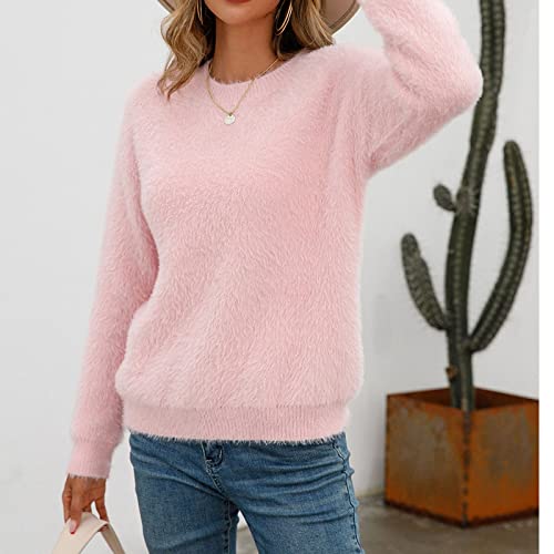 Womens Furry Pull Over Sweaters 2024 Warm Plus Size Sweaters Pullover for Women Knitted Loose Crew Neck Solid Fuzzy3
