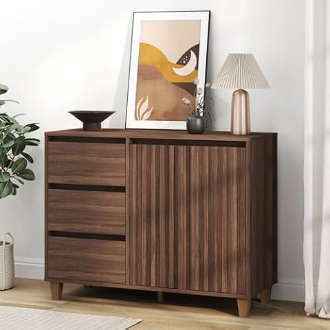 Fluted Sideboard Buffet Cabinet - Mid Century Buffet Table with Handle-Less Design for Kitchen Bedroom Dining/Living Room - Sideboard Cabinets with 3 Drawers and 1 Door Cover