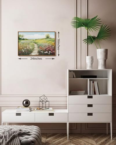 Image of KISSFOX Vintage Framed Wall Art Decor Spring Landscape Pictures Wall Decor Rustic Wildflower Path Paintings Countryside Canvas Art Prints Modern Farmhouse Artwork For Bedroom Kitchen Living Room