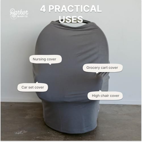 Image of Parker Baby 4 in 1 Car Seat Cover for Girls and Boys - Stretchy Carseat Canopy, Nursing Cover, Grocery Cart Cover, High Chair Cover - inchPewter inch