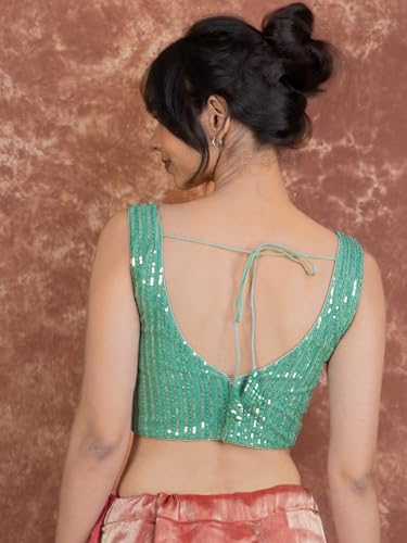 Image of FIGURE'S DESIGNER Women's Sequin Embroidered SabyaSachi Cut Sweetheart V Neck Sleeveless Readymade Saree Blouse E30