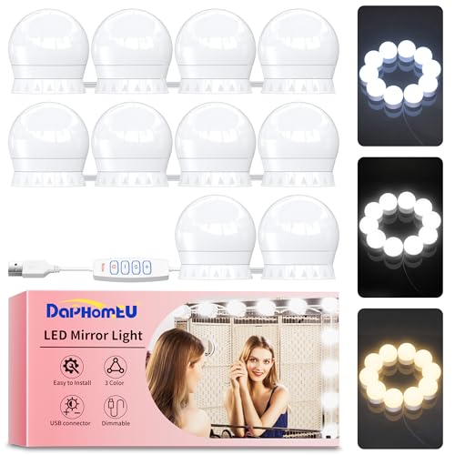 daphomeu Lumière de Miroir, 10 Ampoules Hollywood Kit de Lumière LED, Câbles parfaitement Cachés, 3 Couleurs et 10 Intensités, Lumière Miroir USB pour Coiffeuse...