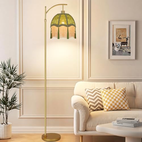 Image of Vintage Floor Lamps for Living Room Boho Rustic Floor Lamp with Remote Control & 3 Color Temperature,Dimmable Gold Floor Lamp Mid Century Modern Standing Lamp Fringe Green Tall Floor Lamp For Bedroom