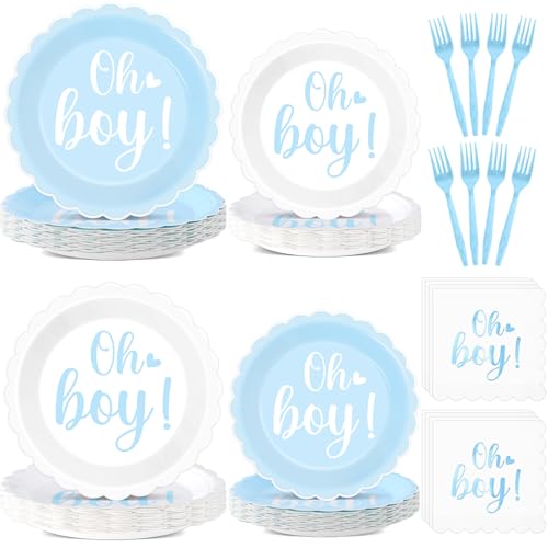 96PCS Oh Boy Baby Shower Decorations Blue Foil Scalloped Paper Plates Napkins Oh Boy Tableware Party Supplies Blue Baby Shower Dinnerware for Gender Reveal Birthday Welcome Party Favors