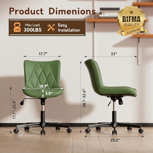 Image of Armless Desk Chair, Morden Home Office Chair no Arms, Adjustable Height & Rocking Computer Chair, PU Leather Vanity Chair, Ergonomic Seat Soft Padded Desk Chairs for Home Small Space, Green