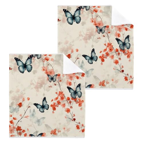 ALAZA Wash Cloth Set 100% Cotton Fingertip Towels Face Cloths Sets Chinese Style Butterfly Highly Absorbent Soft Feel Set of 2