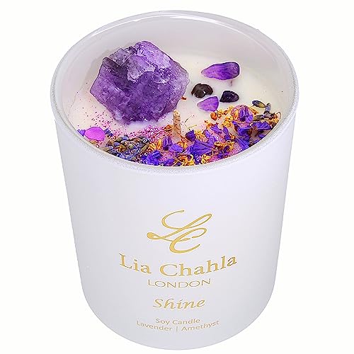 Luxurious Lavender Scented Candles 10 Oz – Aromatherapy Candle with Amethyst Crystals for Relaxation & Stress Relief – 100% Natural Soy Wax for Clean Burn up to 60 Hrs – Ideal Candles Gifts for Women