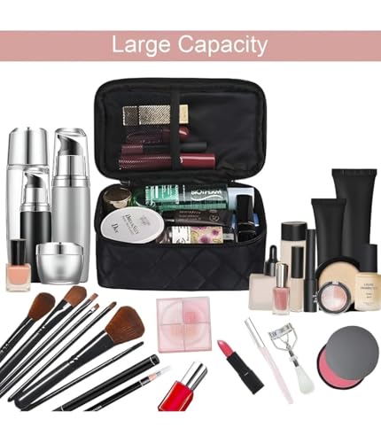 Image of Cosmetic Pouch, Make up Bag for Home & Travel, Toiletry Bag for Cosmetics, Brushes, Accessories Set of 3 - Wash Bag - Light Pink and Black (Blue) (Yellow-H)