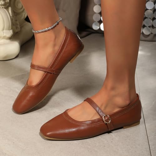 Women's Mary Jane Flat Shoes Square Toe Dressy Ballet Flat for Women Soft Slip On Gold Brown Flats Daily Party Office Shoes with Easy Buckle4