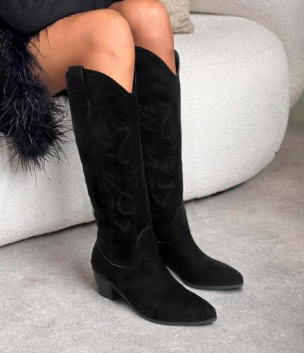 Image of STALOV Cowboy Boots for Women Pull On Chunky Heel Boots Knee High Cowgirl Boots Western Pointed Toe Boots Embroidered Suede Boots