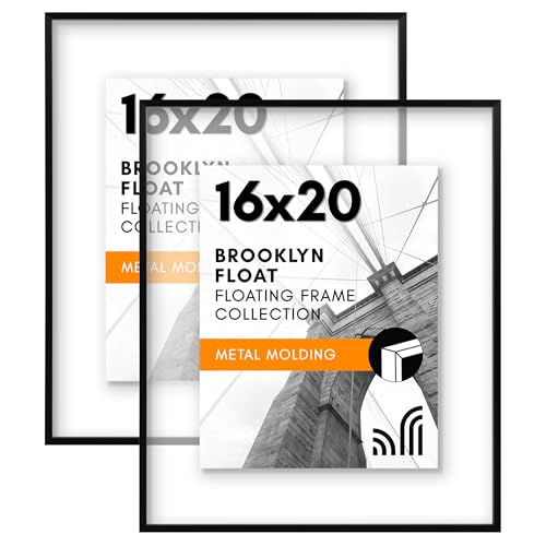 Americanflat Aluminum 16x20 Floating Picture Frame with Shatter-Resistant Glass - Set of 2 - Use as 11x14 Frame or Display 16x20 Photo - Signature Float Collection - Photo Frames for Wall - Black