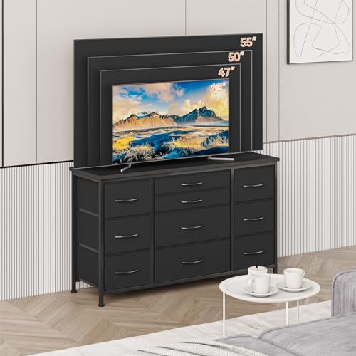 Jojoka Wide Dresser with 10 Large Drawers for 55'' Long TV Stand with Power Outlet Entertainment Center, Storage Fabric Drawer Unit for Bedroom, Closet, Entryway, Sturdy Metal Frame, Black