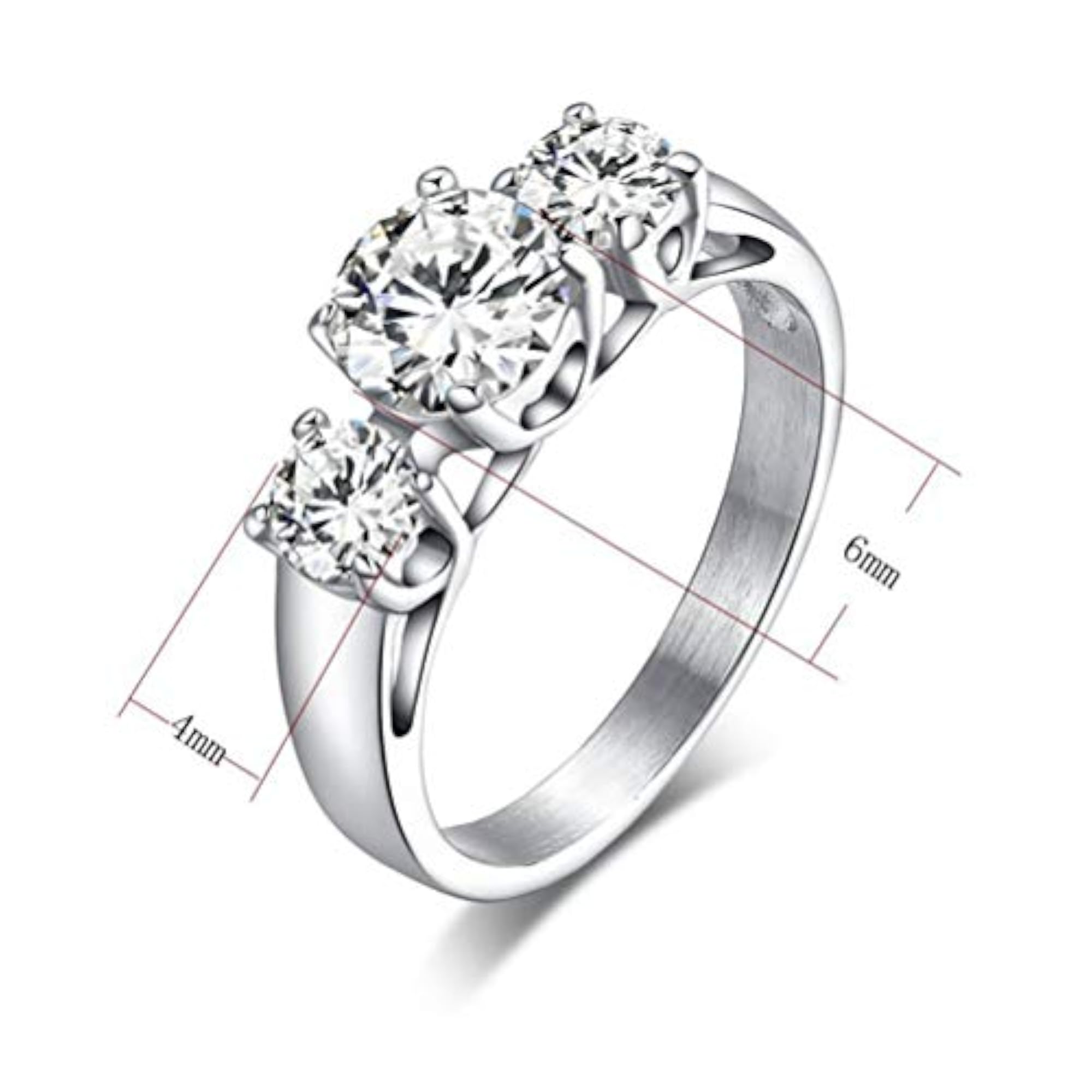 Stainless Steel Engagement Ring with Cubic Zirconia Crystal 6mm