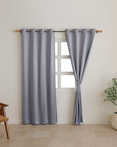Image of The Home Story Smoke Grey Blackout Eyelet Window Curtains Set of 2, (5 Feet) 54 x 60 Inches, Room Darkening & Noise Reduction Curtains with Tiebacks