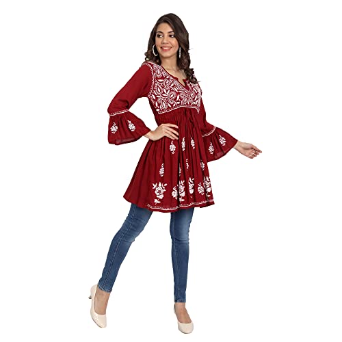 Image of indiankala4u Lucknow Chikankari Hand Embroidered Fit and Flared Top, Short Kurti for Women, Modal Cotton