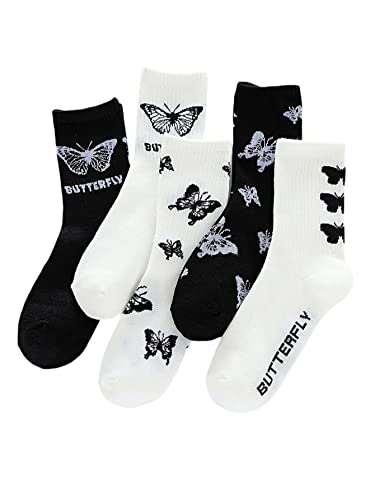 WDIRARA Women's 5 Pairs Butterfly Graphic Print Crew Socks Crew Knit Socks
