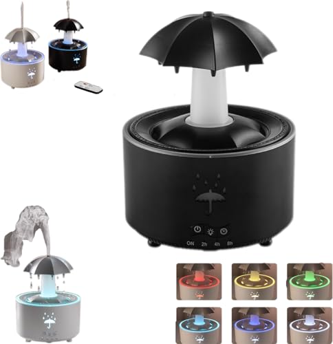レイン加湿器、レインエフェクト付き傘ディフューザー、リモコン付き7色LED回転アロマディフューザー、レインエフェクト付き傘ディフューザー、タイマー設定、傘滝加湿器、家の装飾用(White)
