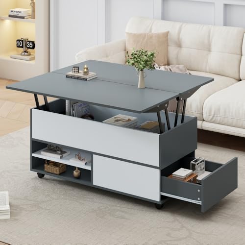 Table basse réglable en hauteur avec espace de rangement caché et étagère, table de salon avec roulettes et tiroirs, table à manger multifonctionnelle...