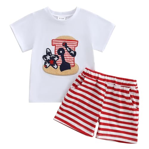 Image of 4th Of July Toddler Boy Outfit Popsicle American Flag T-Shirt and Gingham Plaid Shorts Set Independence Day Clothes