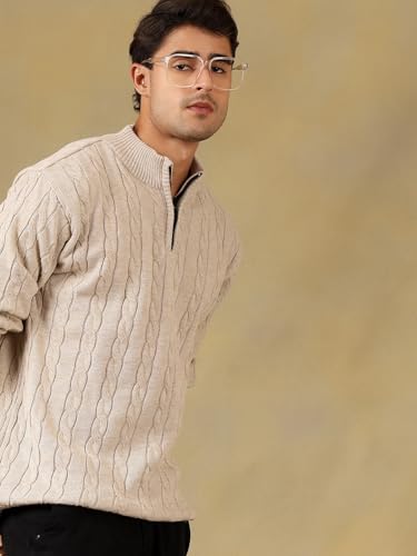 Image of Kvetoo Men's Wool High Neck Zipper Sweater, Full Sleeve Cable Knit Quarter Zip Winter Pullover